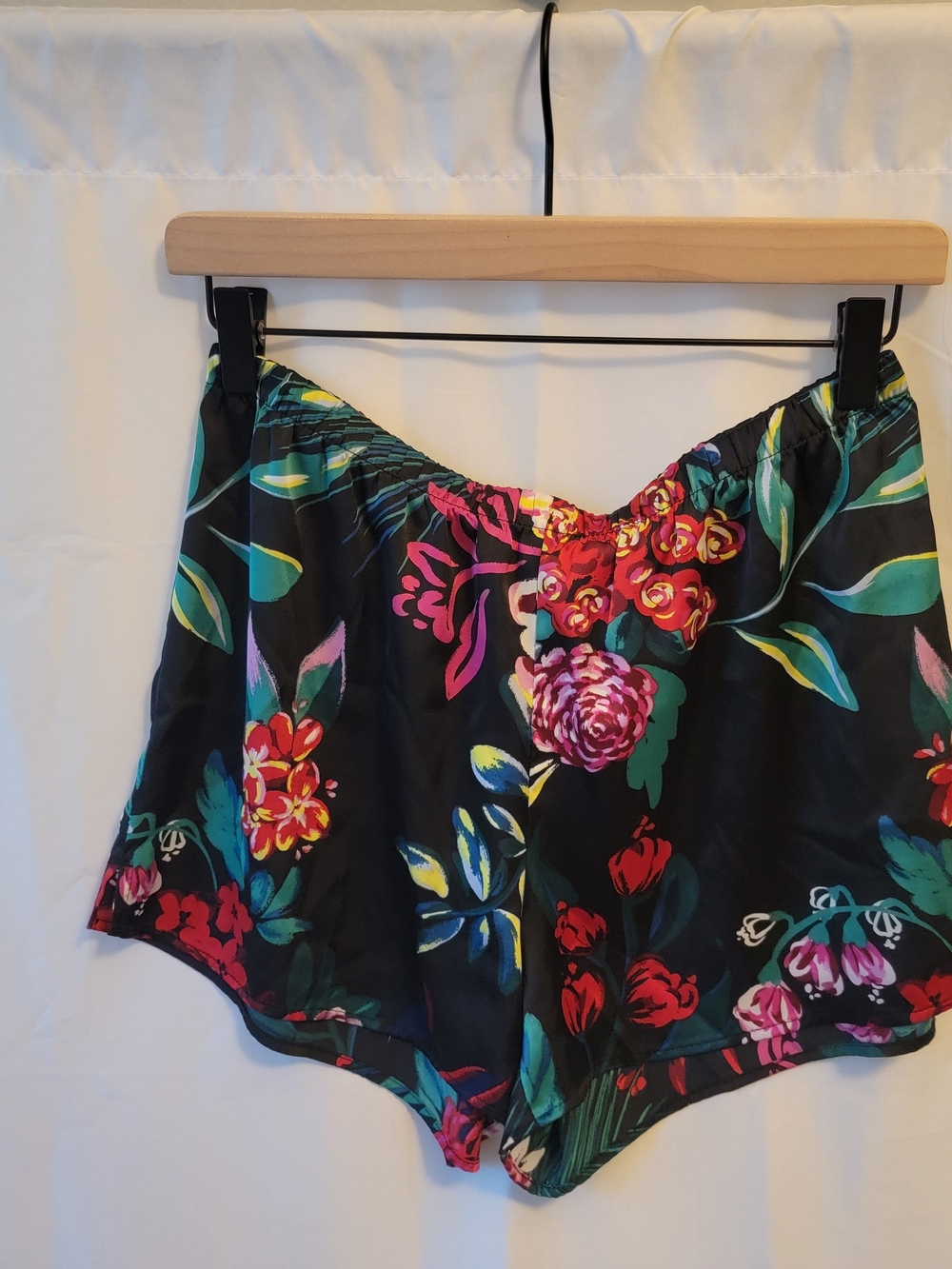 Floral Black Satin Shorts with Bold Floral Print
